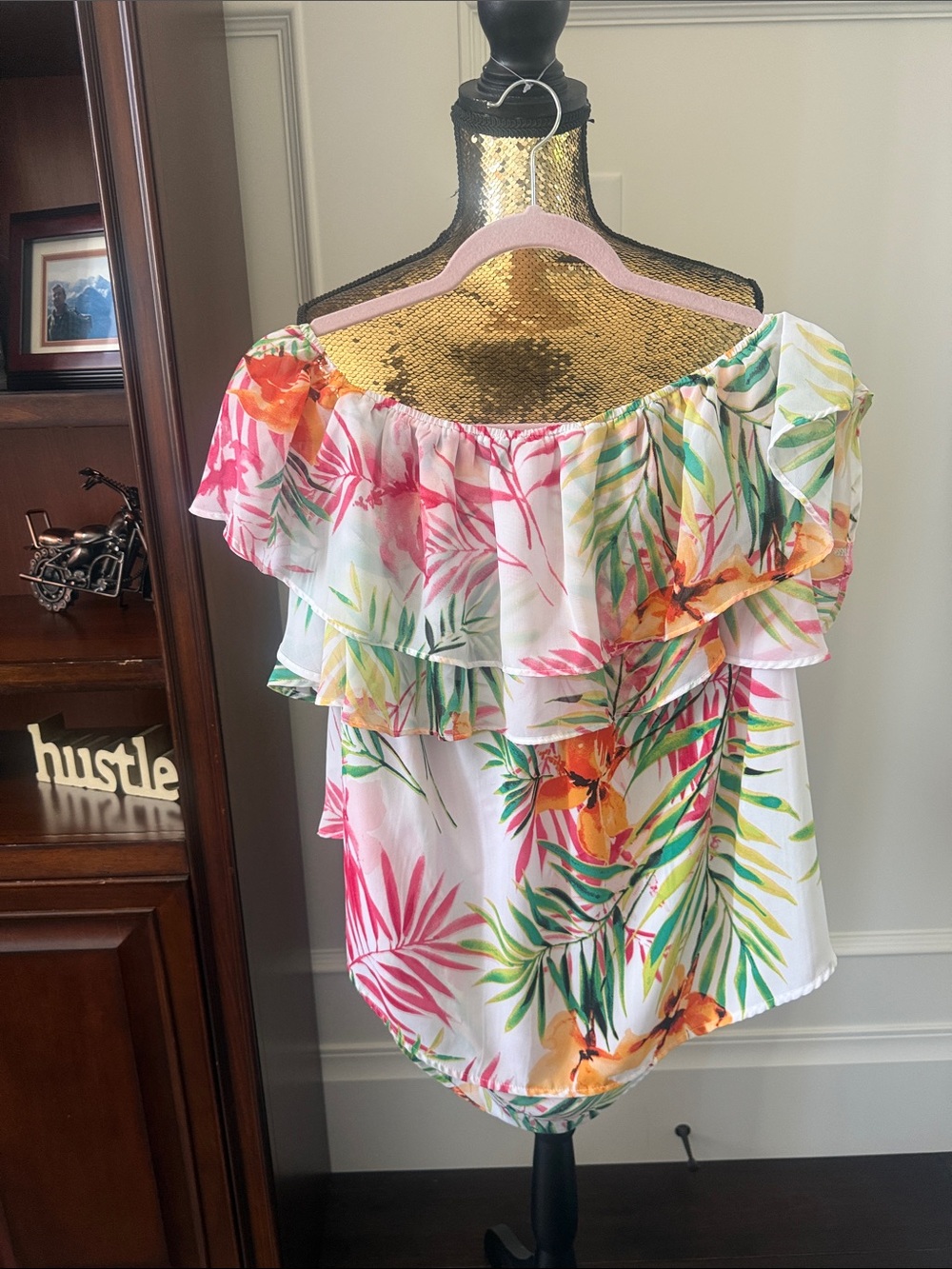 Floral Ruffle-Front Women's Blouse in White